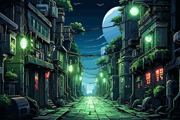 Vector cyberpunk noche escena de la ciudad día lluvioso calle llena de gente en verde