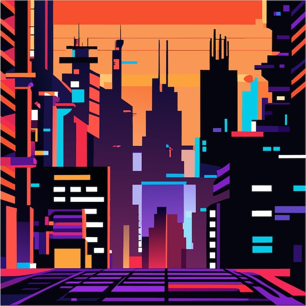 Vector cyberpunk pixel art ciudad de fallos