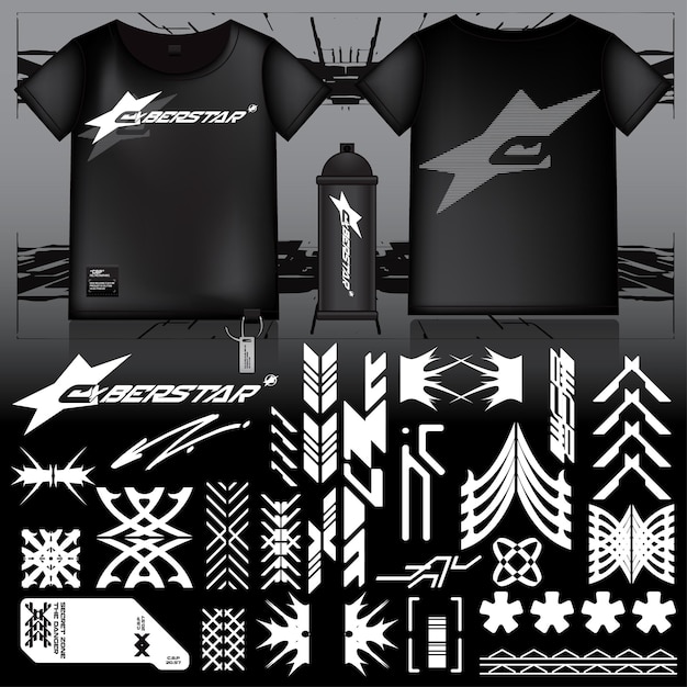 Cyberpunk Sci-Fi Gaming Futuristic Icon Pattern Set Colección de plantillas HUD para la marca Decoración de camisetas de moda Decal 2D Ilustración Rendering Elemento vectorial