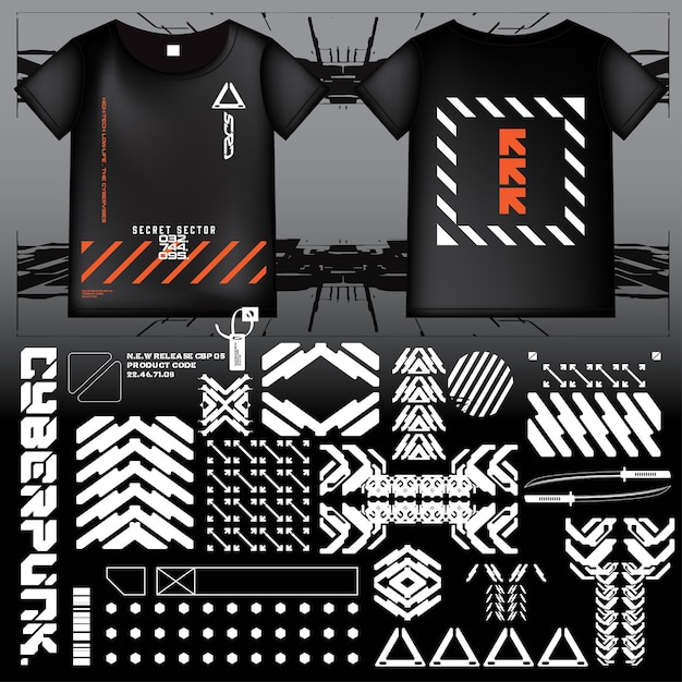 Cyberpunk Sci-Fi Gaming Futuristic Icon Pattern Set Colección de plantillas HUD para la marca Decoración de camisetas de moda Decal 2D Ilustración Rendering Elemento vectorial