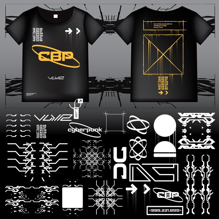 Vector cyberpunk sci-fi gaming futuristic icon pattern set colección de plantillas hud para la marca decoración de camisetas de moda decal 2d ilustración rendering elemento vectorial