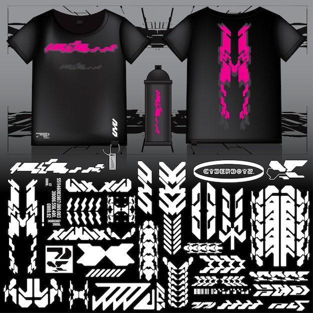Cyberpunk Sci-Fi Gaming Futuristic Icon Pattern Set Colección de plantillas HUD para la marca Decoración de camisetas de moda Decal 2D Ilustración Rendering Elemento vectorial