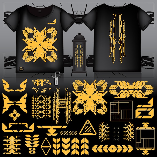 Cyberpunk Sci-Fi Gaming Futuristic Icon Pattern Set Colección de plantillas HUD para la marca Decoración de camisetas de moda Decal 2D Ilustración Rendering Elemento vectorial