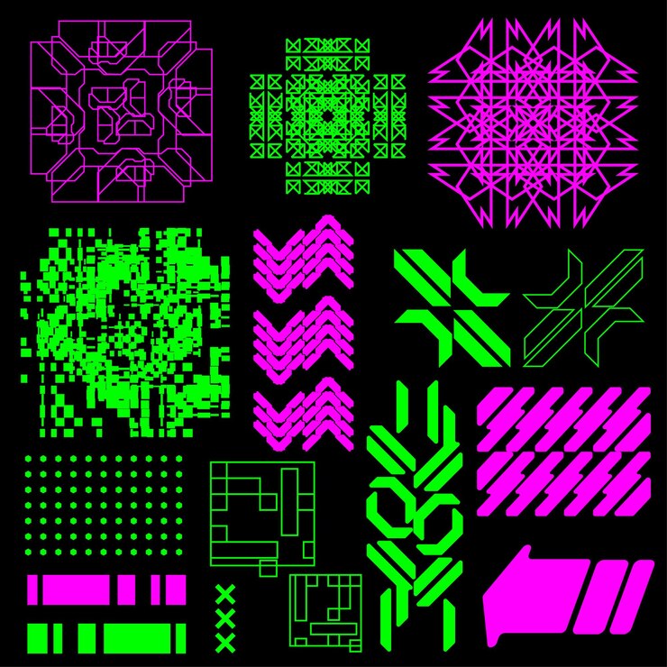 Vector cyberpunk scifi gaming patrón de icono futurista hud ux ui conjunto de plantillas de colección ilustración 2d re