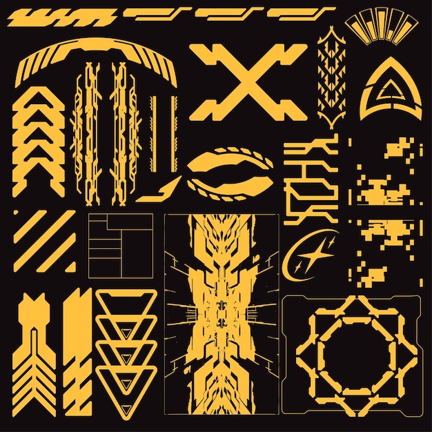 Cyberpunk y2k: juegos futuristas, icono, conjunto de patrones, colección de plantillas para marcas, decoraciones de camisetas de moda, adhesivos, ilustraciones en 2D, renderización vectorial.