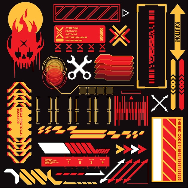 Cyberpunk y2k: juegos futuristas, icono, conjunto de patrones, colección de plantillas para marcas, decoraciones de camisetas de moda, adhesivos, ilustraciones en 2D, renderización vectorial.
