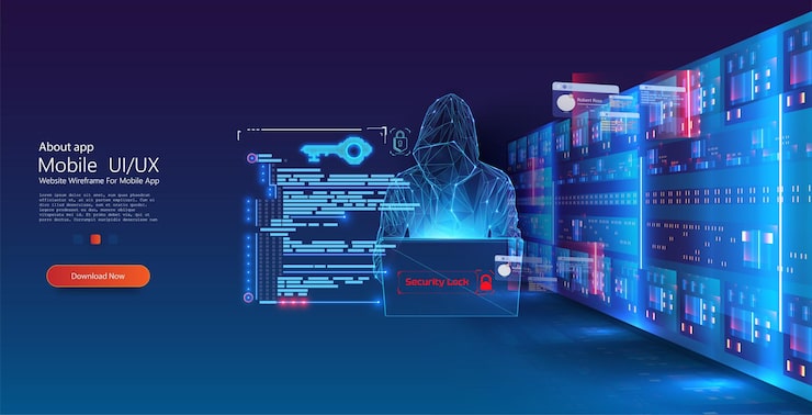 Vector cybersecurity digital interface with holographic projection and server racks showcasing a user interface for mobile app development with digital security elements and futuristic server background
