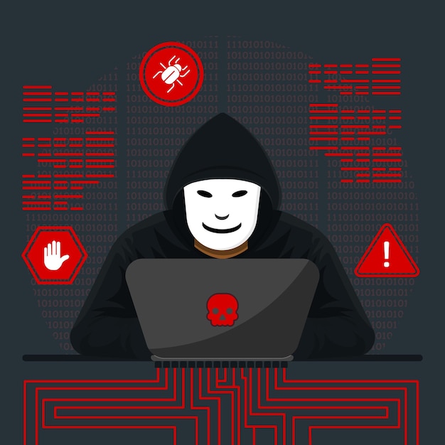 Cybersecurity Threat Masked Hacker Exploiting Binary Code on Laptop Warning Symbols
