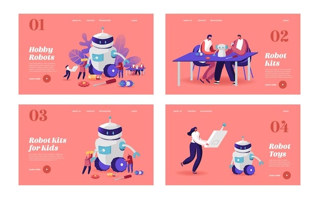 Cyborg Creando, Conjunto de Plantillas de Página de Aterrizaje de Robotics Hobby. Los personajes configuran un enorme robot. Mujer con control remoto Hombre con destornillador. Inteligencia artificial. Ilustración de Vector de gente de dibujos animados