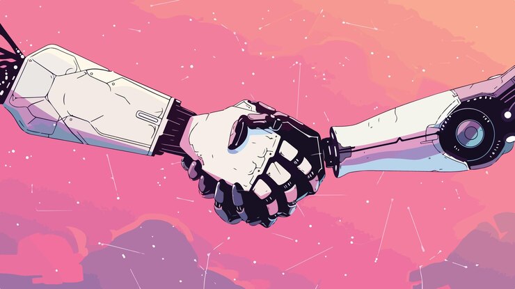 Vector cyborg futurista y apretón de mano humano construyendo la inteligencia y la amistad del futuro