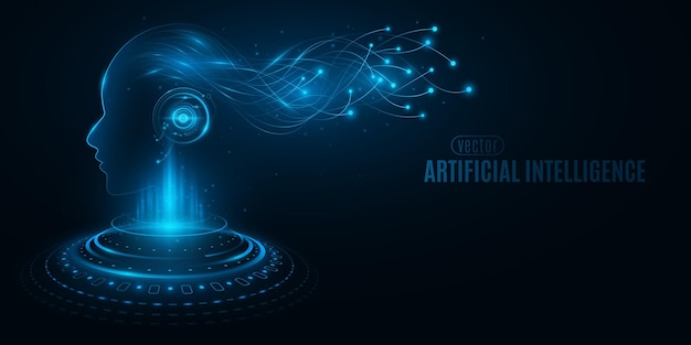 Cyborg futurista holográfico con inteligencia artificial analiza información de datos con redes neuronales Elementos HUD brillantes Concepto de ciencia ficción cibernética Ilustración vectorial