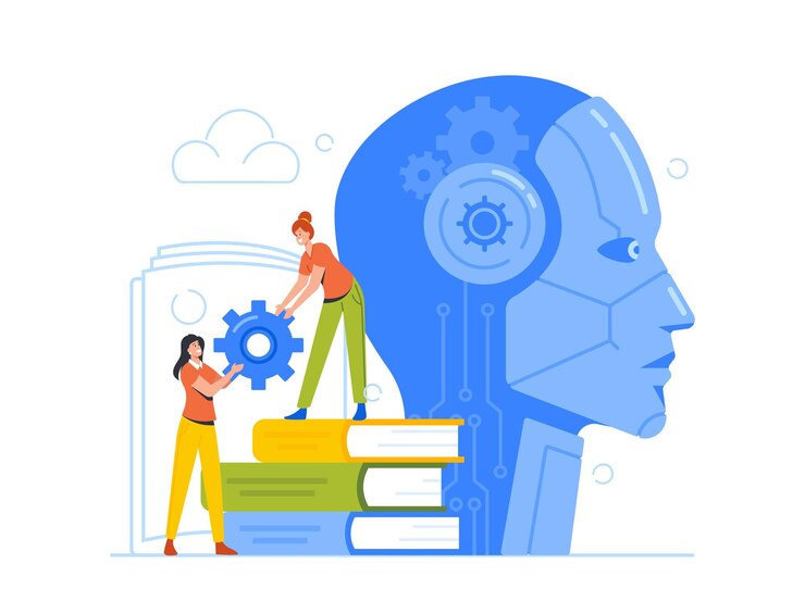 Vector cyborg y proceso de entrenamiento de máquinas pequeños ingenieros personajes con rueda dentada en enorme cabeza de robot desarrollo de inteligencia artificial aprendizaje tecnología de ensamblaje personas de dibujos animados ilustración vectorial
