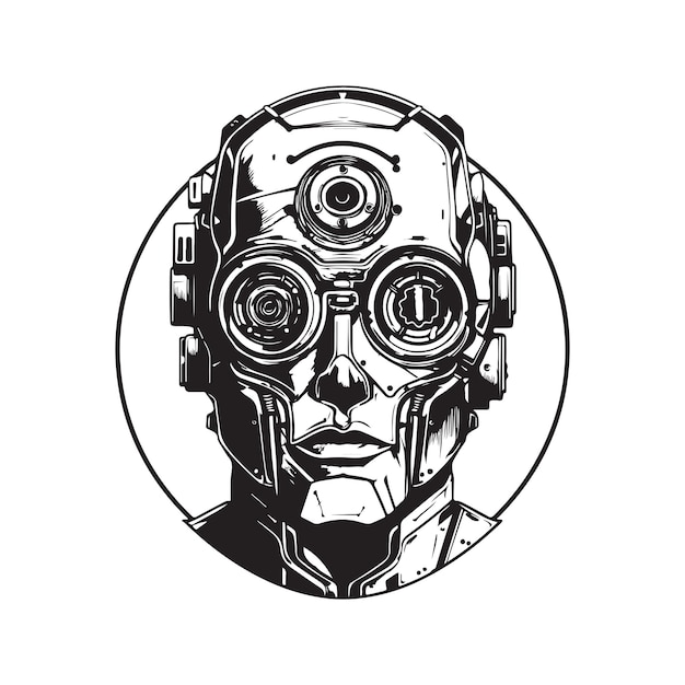 Cyborg vintage logo concepto blanco y negro color dibujado a mano ilustración