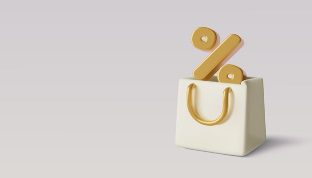 D bolsa de compras con signo de porcentaje en el interior y espacio de copia fondo de venta de lujo blanco y dorado