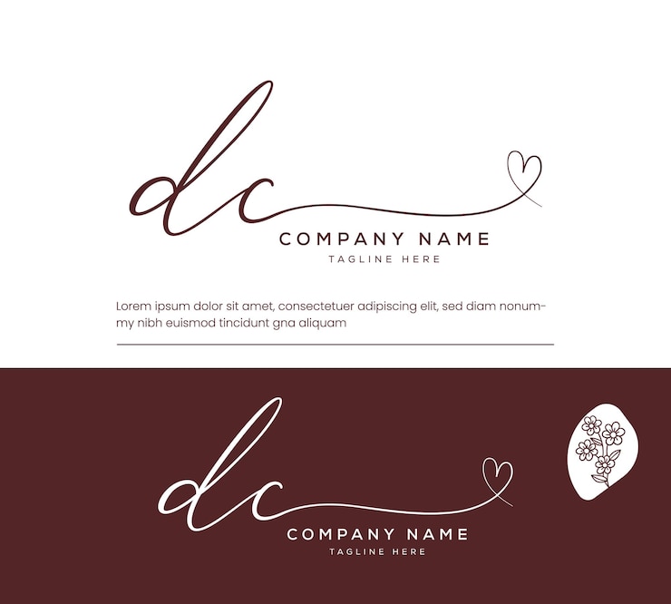Vector d c corazón vector de letra inicial, escritura a mano y logotipo de la firma
