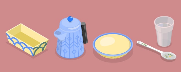 D conjunto de utensilios de cocina de vector plano isométrico en plato o plato decorativo de estilo retro