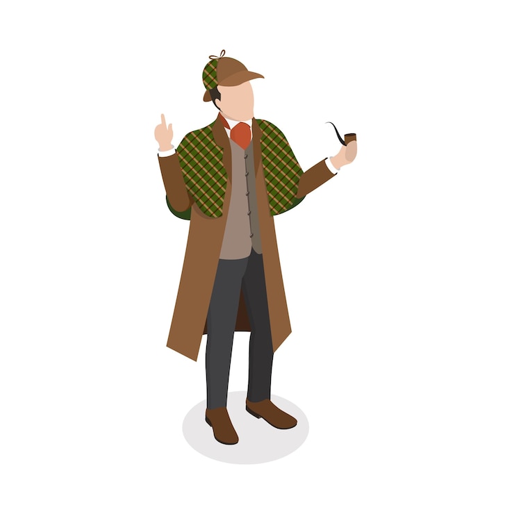 Vector d conjunto de vector plano isométrico de personajes de inspector holmes artículo de investigador privado