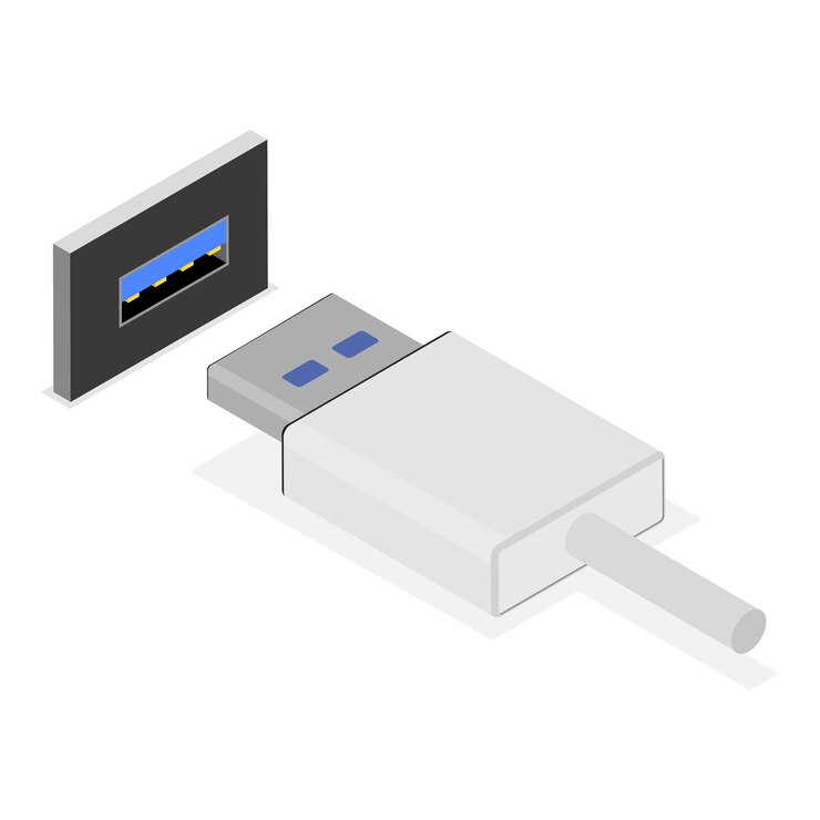 Vector d conjunto de vector plano isométrico de tipos de usb enchufe en el artículo