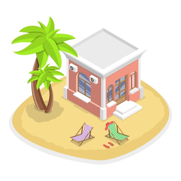 D conjunto de vectores planos isométricos de bungalows cabañas de vivienda cabañas tropicales elemento