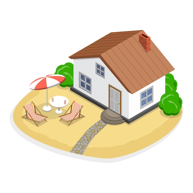 D conjunto de vectores planos isométricos de bungalows cabañas de vivienda cabañas tropicales elemento