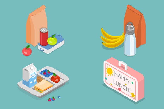D conjunto de vectores planos isométricos de cajas de almuerzo escolares para niños bocadillos