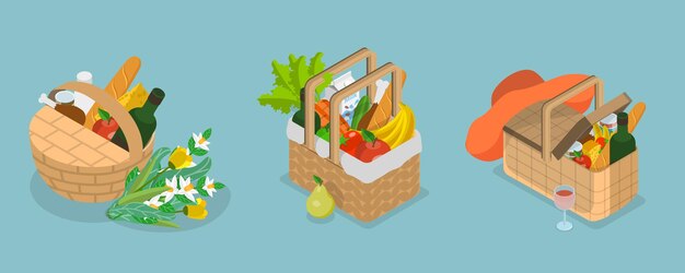 D conjunto de vectores planos isométricos de cestas de picnic alimentos en cajas de mimbre