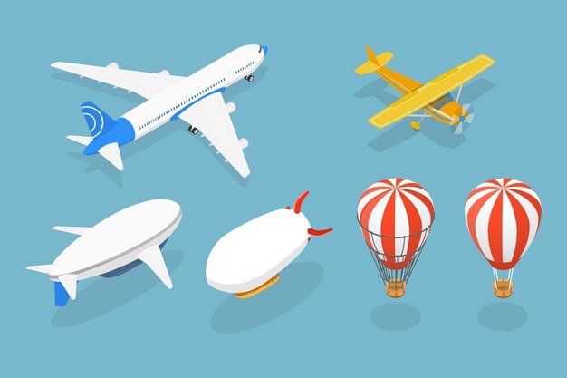 D conjunto de vectores planos isométricos de dirigibles colección de aviación antigua