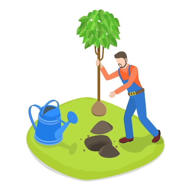 D conjunto de vectores planos isométricos de herramientas de jardín y personas diseñadores de paisajes y equipos agrícolas