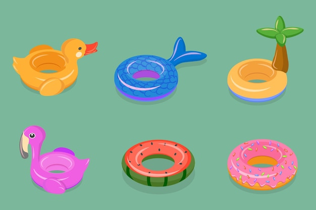 D conjunto de vectores planos isométricos de juegos de anillos de goma de juguetes de natación inflables