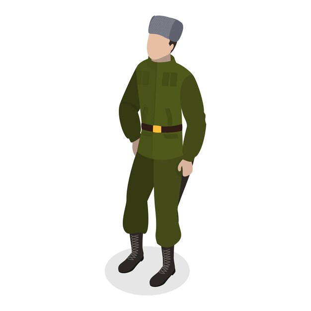 D conjunto de vectores planos isométricos de personajes militares en artículos de uniforme