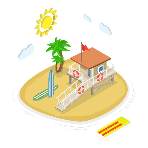 D conjunto de vectores planos isométricos de la playa de verano conjunto de islas tropicales y elemento de piscina