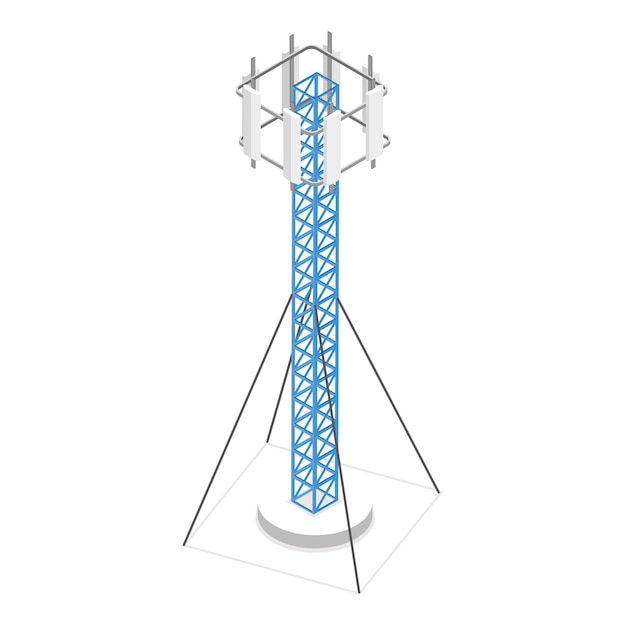 D conjunto de vectores planos isométricos de torres de telecomunicaciones que comunican construcciones de radio