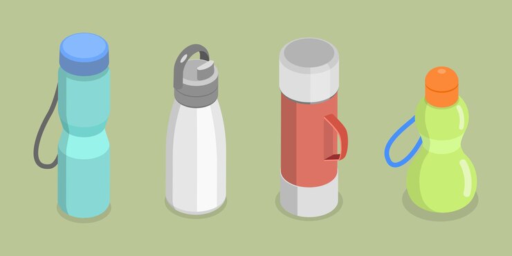 Vector d conjunto vectorial plano isométrico de termosas botellas de vidrio, plástico o metal rellenables