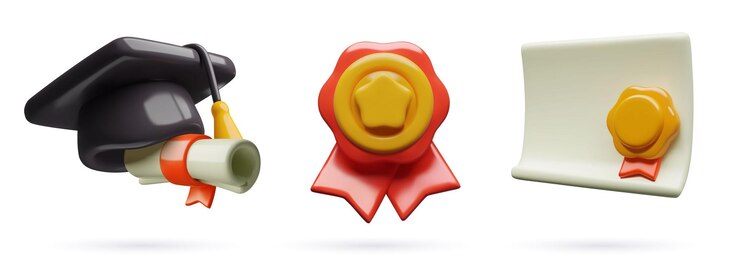 Vector d elementos de graduación conjunto mínimo de tres dimensiones diploma de gorra estudiantil con insignia y medalla de oro