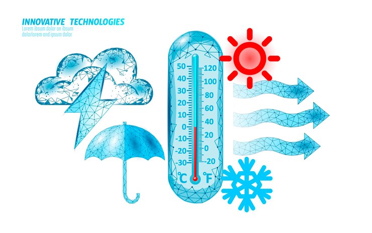 Vector d elementos meteorológicos aplicación móvil previsión pancarta ui con lluvia sol paraguas termómetro símbolos de viento