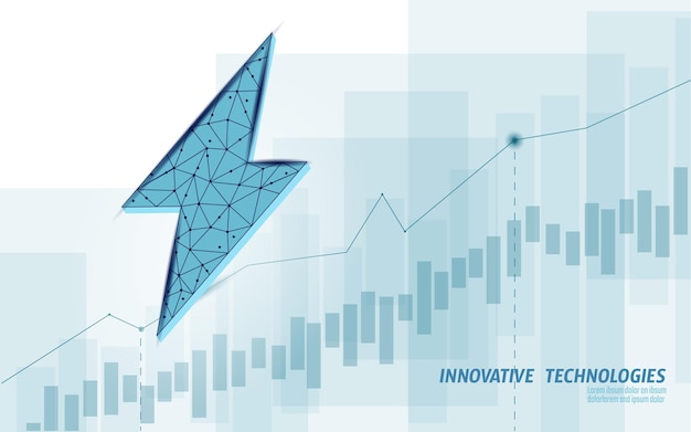 D gráfico creciente fuentes de energía relámpago concepto poligonal azul claro carga de energía bandera de la industria