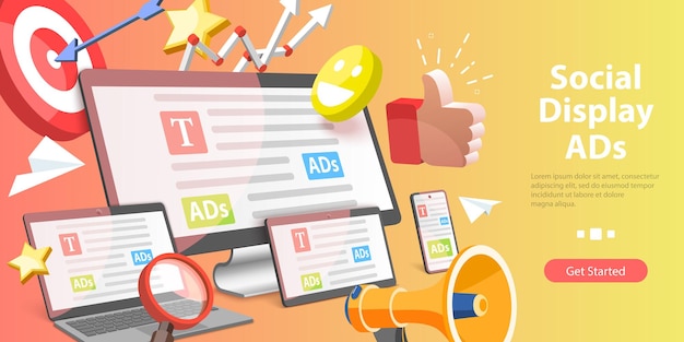 D Ilustración conceptual de vector plano isométrico de anuncios de visualización social entre dispositivos y retargeting