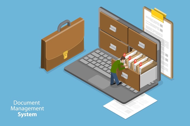 D ilustración conceptual de vector plano isométrico del archivo electrónico del sistema de gestión de documentos