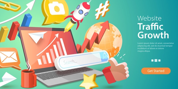 D Ilustración conceptual de vector plano isométrico del crecimiento del tráfico del sitio web aumentando el número de clientes