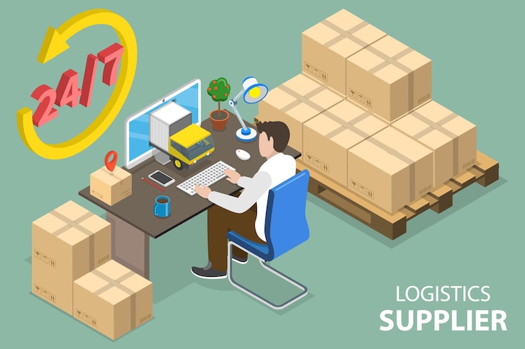 Vector d ilustración conceptual de vector plano isométrico de la distribución logística global del proveedor logístico