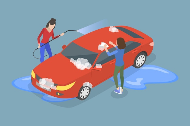 D Ilustración conceptual de vector plano isométrico de la estación de limpieza de vehículos del servicio de lavado de automóviles