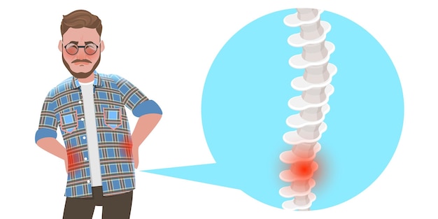 Vector d ilustración conceptual de vector plano isométrico del hombre con dolor de espalda efectos de los hábitos nocivos en