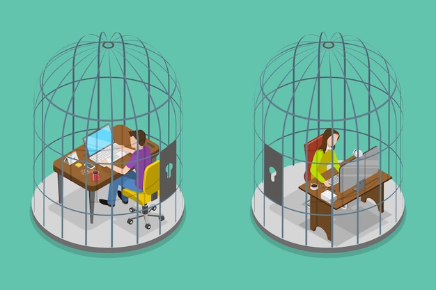 D ilustración conceptual de vector plano isométrico de hombre y mujer en jaula de pájaros frustración exceso de trabajo