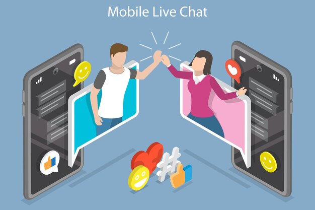 D Ilustración conceptual de vector plano isométrico del intercambio de contenido móvil de chat en vivo