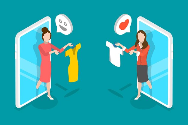 D Ilustración conceptual de vector plano isométrico del intercambio de ropa de intercambio en línea