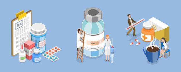 D Ilustración conceptual de vector plano isométrico de la medicina y la atención médica para el tratamiento de la gripe