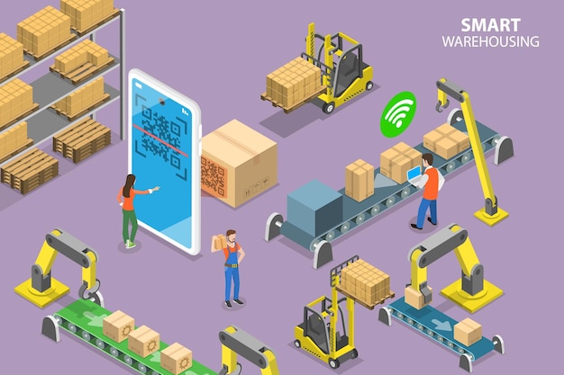 D Ilustración conceptual de vector plano isométrico de la optimización del inventario de almacenamiento inteligente y