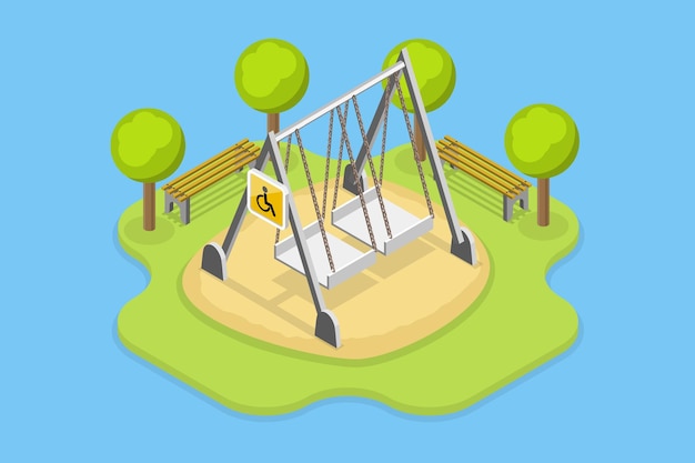 D Ilustración conceptual de vector plano isométrico de un patio de recreo para niños discapacitados juegos al aire libre para