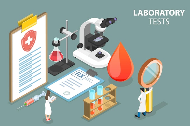 D Ilustración conceptual del vector plano isométrico de las pruebas de laboratorio análisis de laboratorio químico