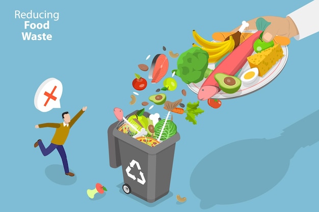 D Ilustración conceptual de vector plano isométrico de la reducción del desperdicio de alimentos estilo de vida de consumo